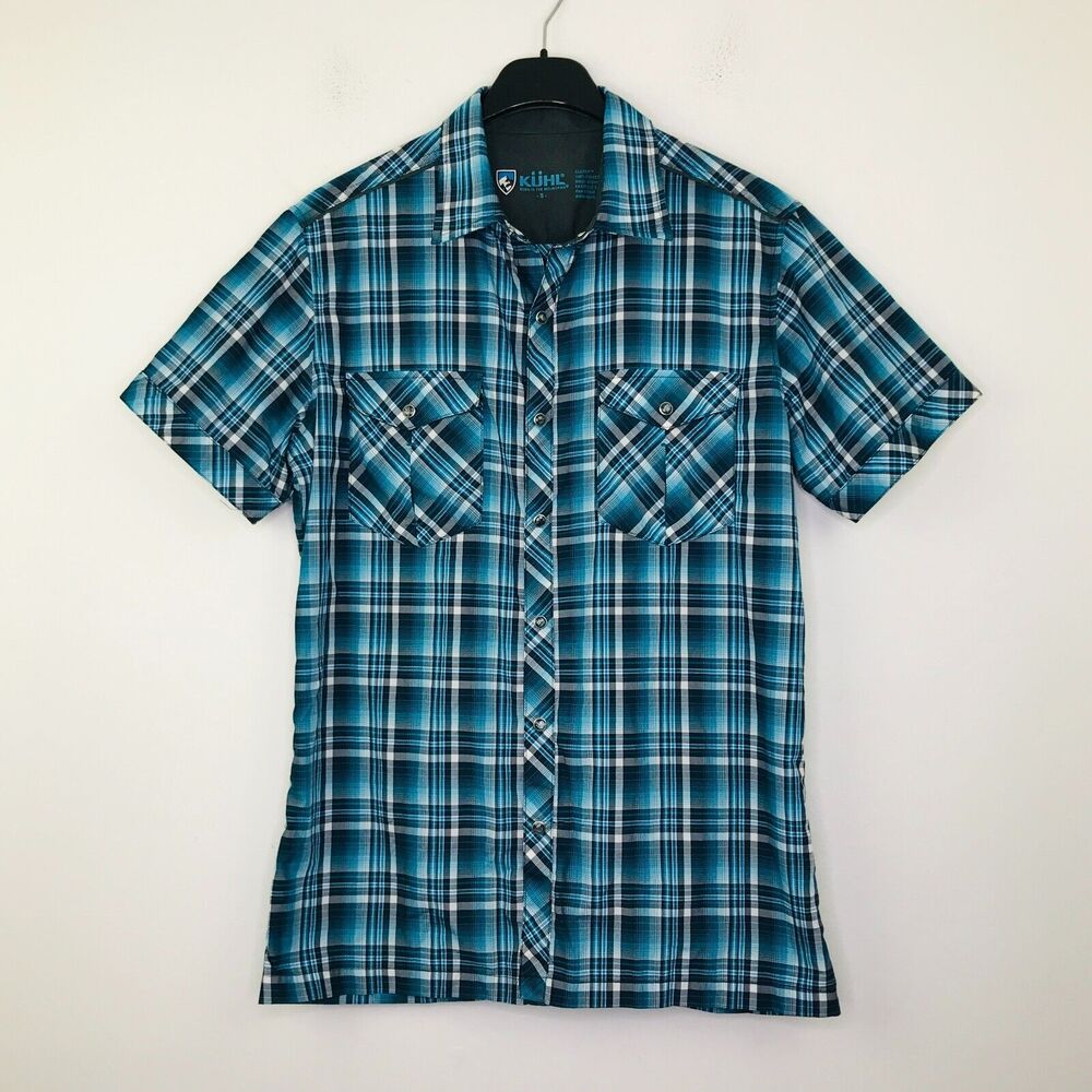 Kuhl Men's Small Shirt Blue Plaid Short Sleeve Pearl Snap Button Up AS23